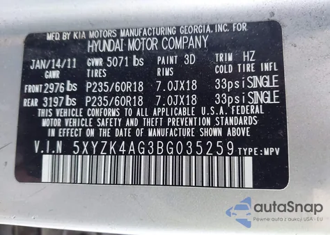2011 Hyundai Santa Fe Limited V6 from USA, damaged, VIN 5XYZK4AG3BG035259